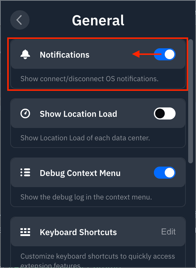 Notifications Toggle Location