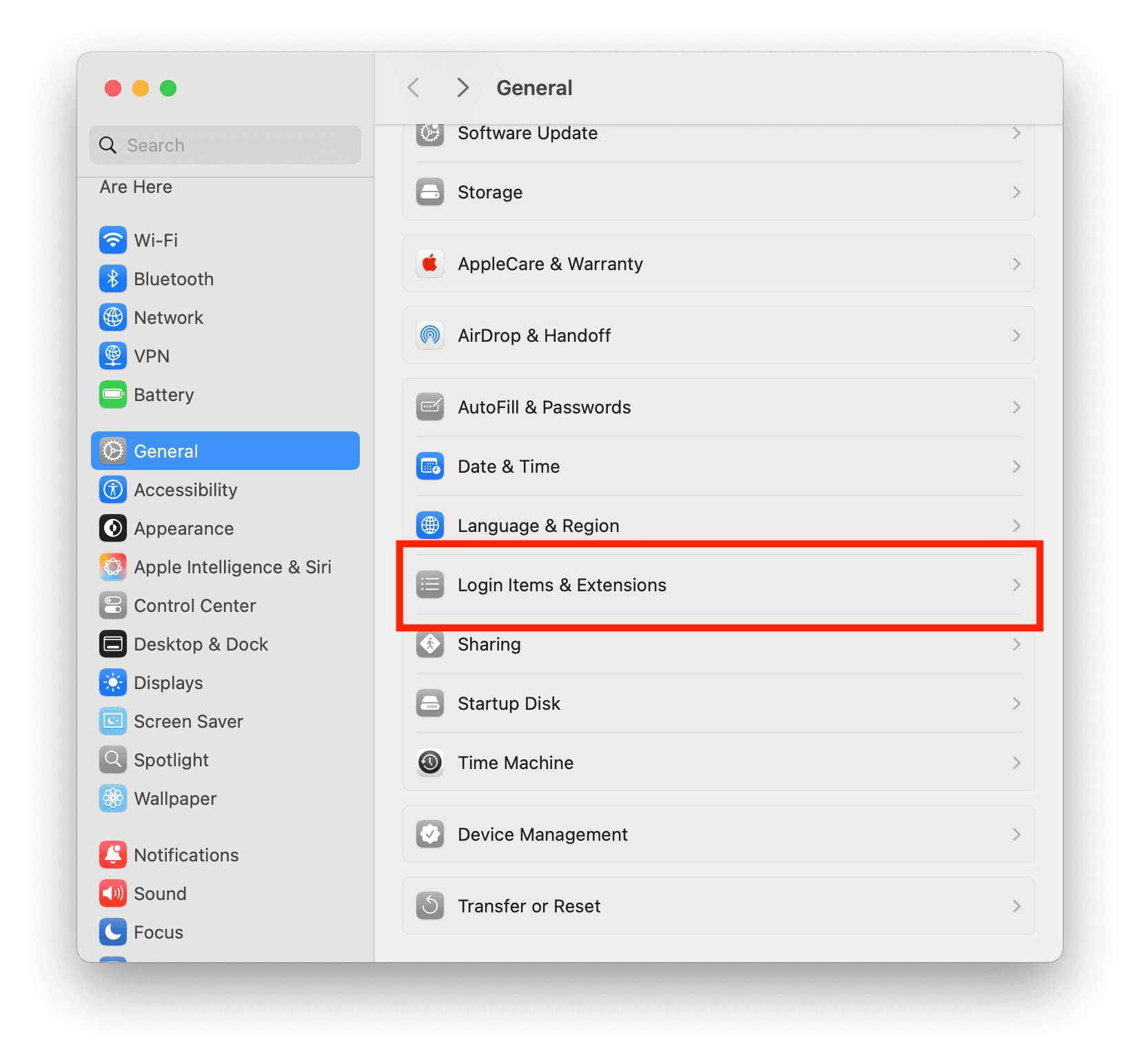 MacOS General menu