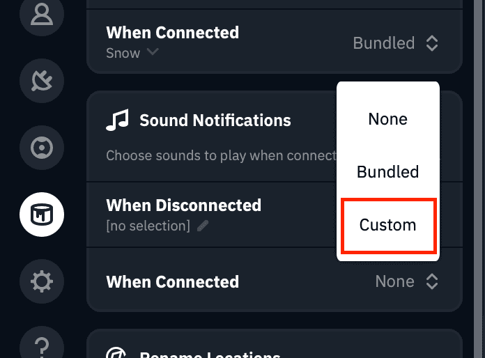 Custom sound selection menu