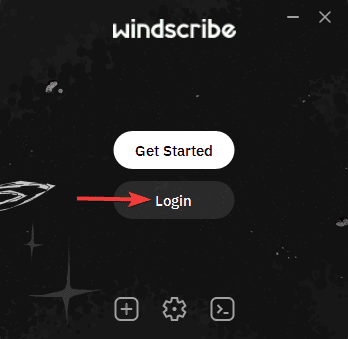 Windscribe desktop app welcome screen with the Login button highlighted