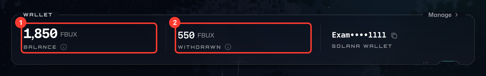 Balance (1) and Withdrawn (2) on the Wallet card