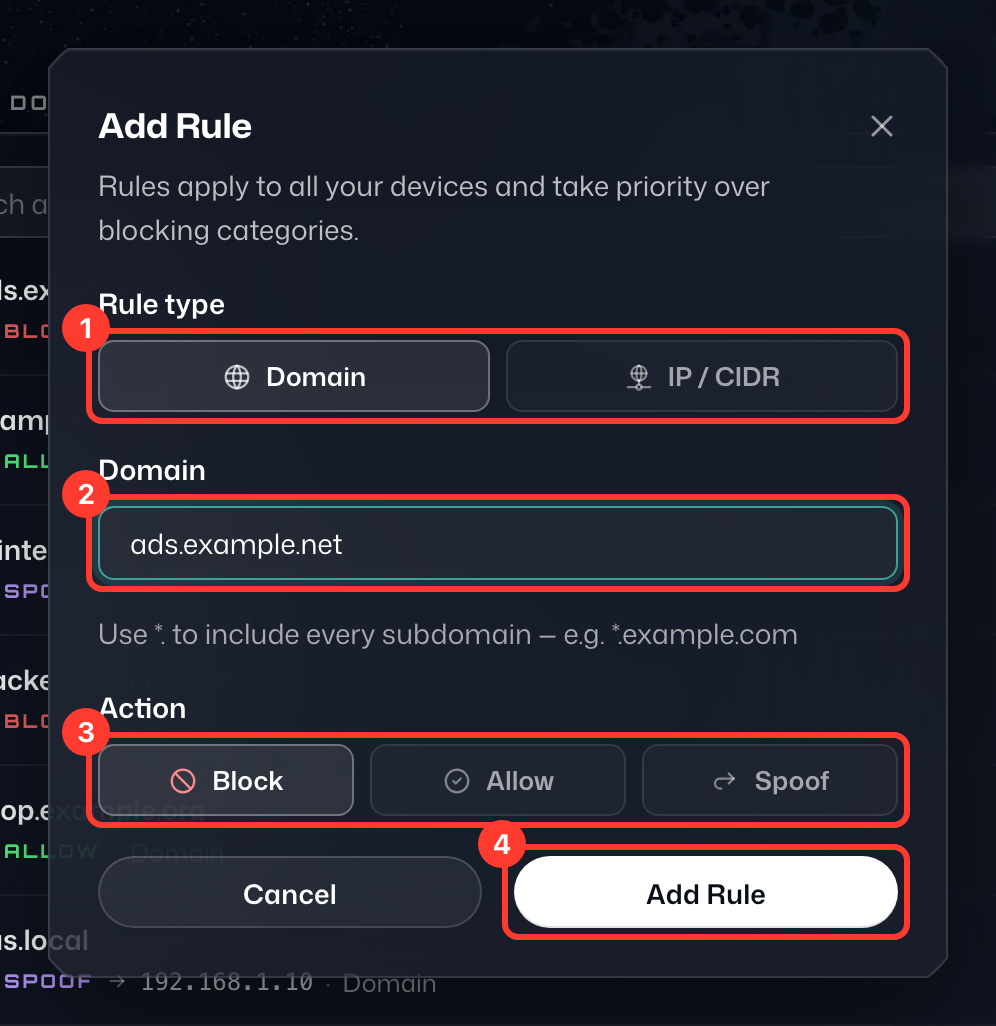 The Add Rule dialog, with the rule type, the domain, the action and Add Rule numbered 1 to 4