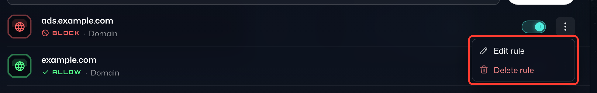 The rule actions menu open on an ads.example.com rule, showing Edit rule and Delete rule